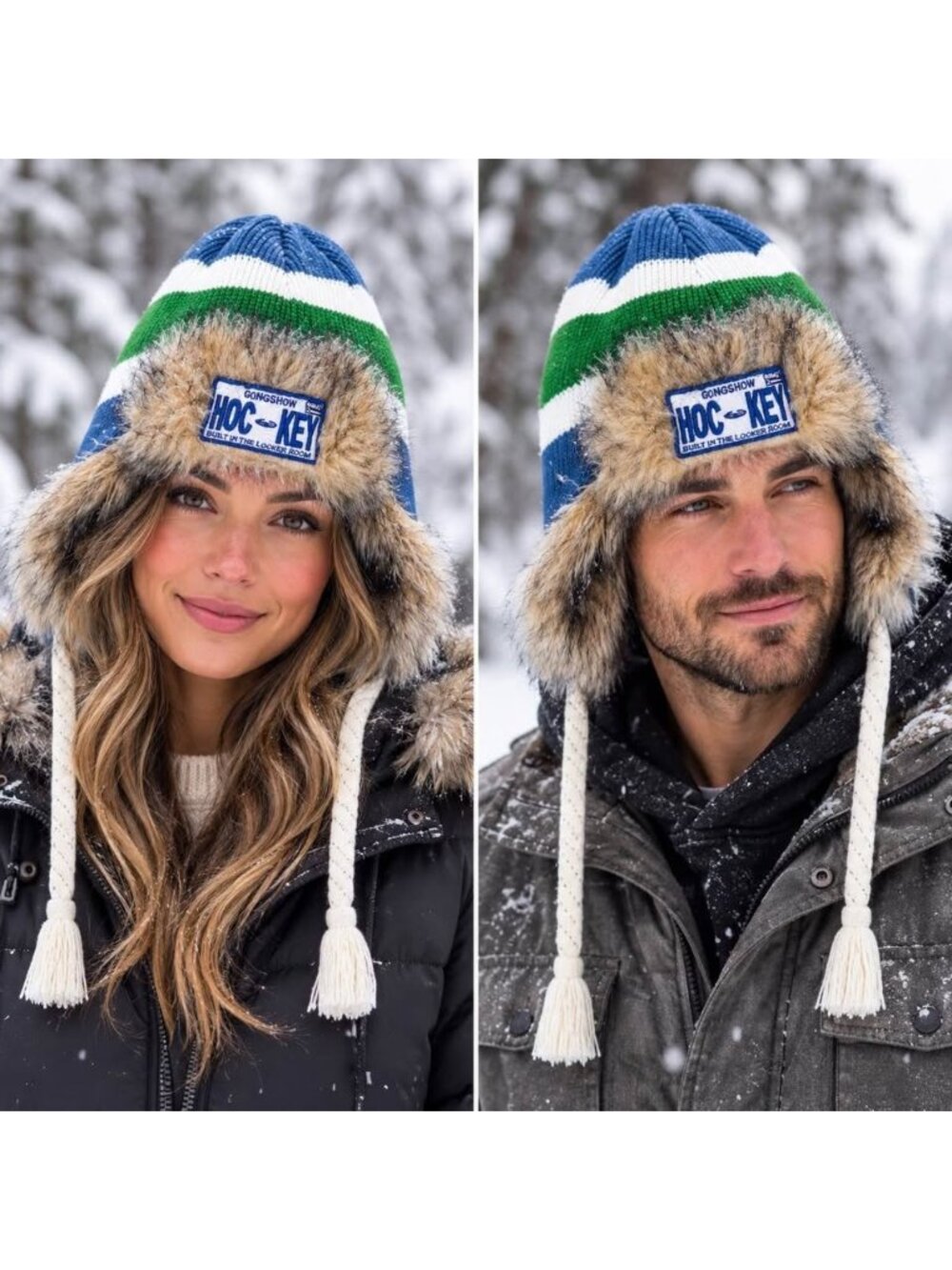 *NEW GONGSHOW Hockey Trapper Hat Faux Fur Ear Flap Knit Winter Toque Blue Green